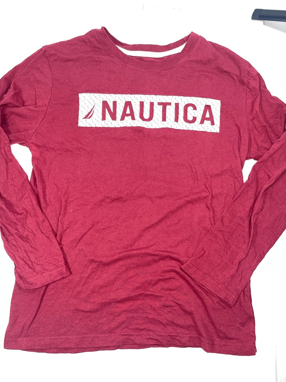 Nautica Boys Youth L 14/16 Long Sleeve Shirt Maroon Red White Graphic Box Logo